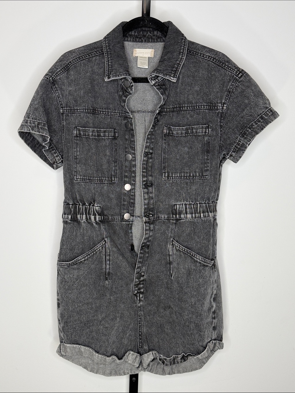 Altar'd State Washed Charcoal Short Sleeve Denim Romper